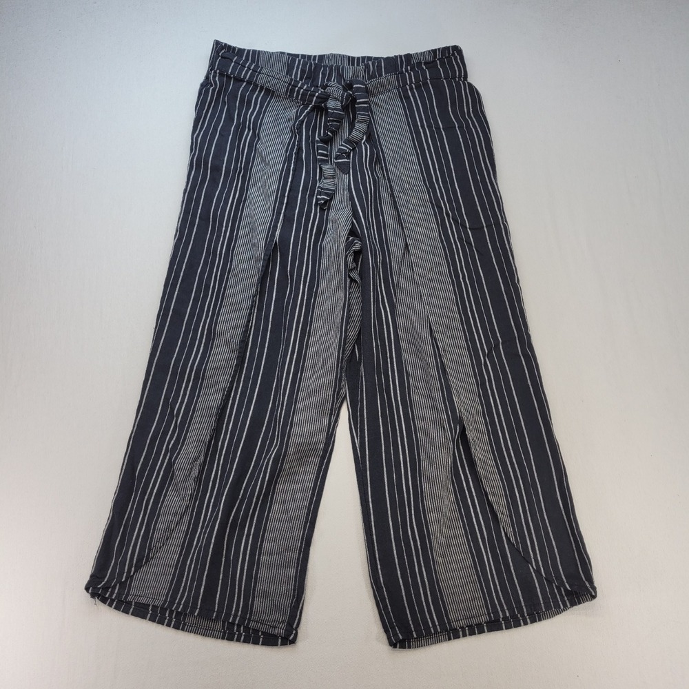 Maurices Wide Leg Pants Women 14 Black White Striped Linen Blend Wrap Front Crop